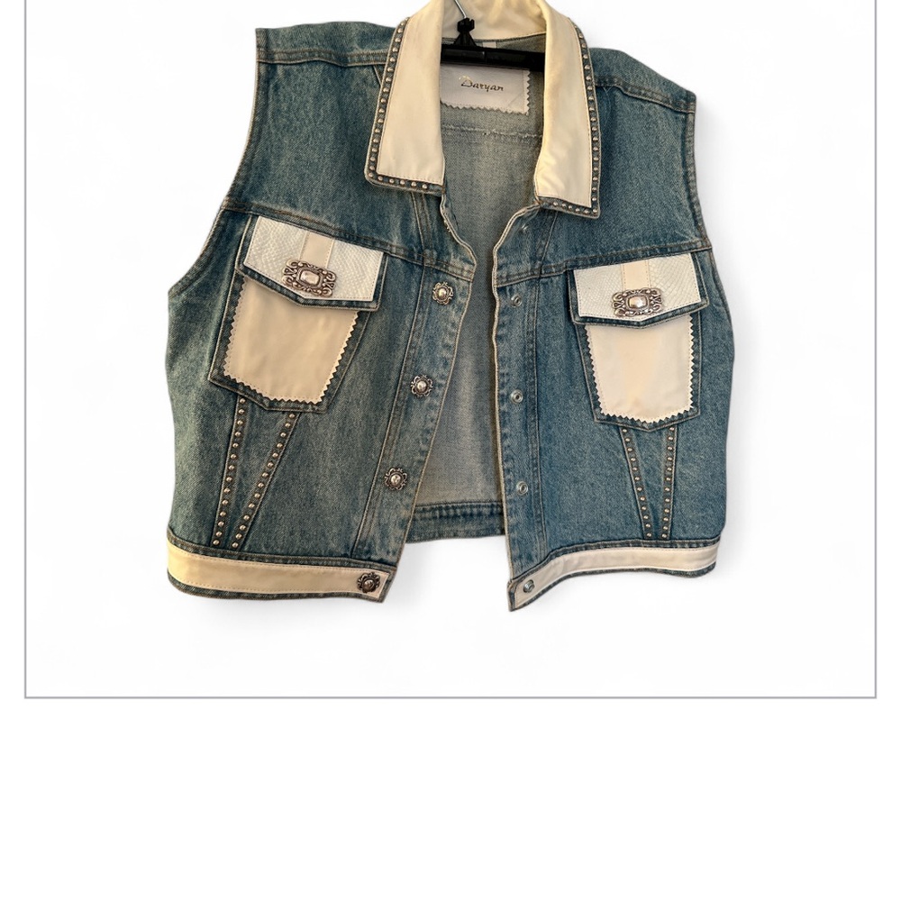 Darian demin vest with white leather accents and silver buttons and beads